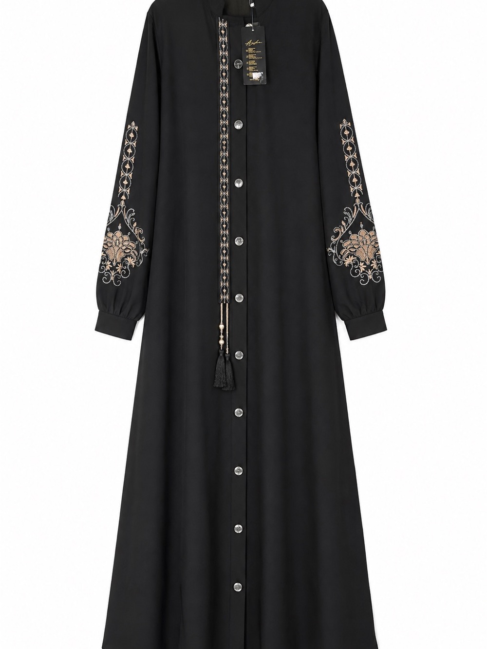 Embroidered Black Maxi Shirt Dress with Pockets